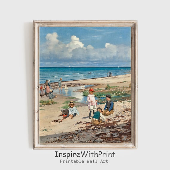 Vintage Children Playing At The Beach Classic Art Reproduction Print