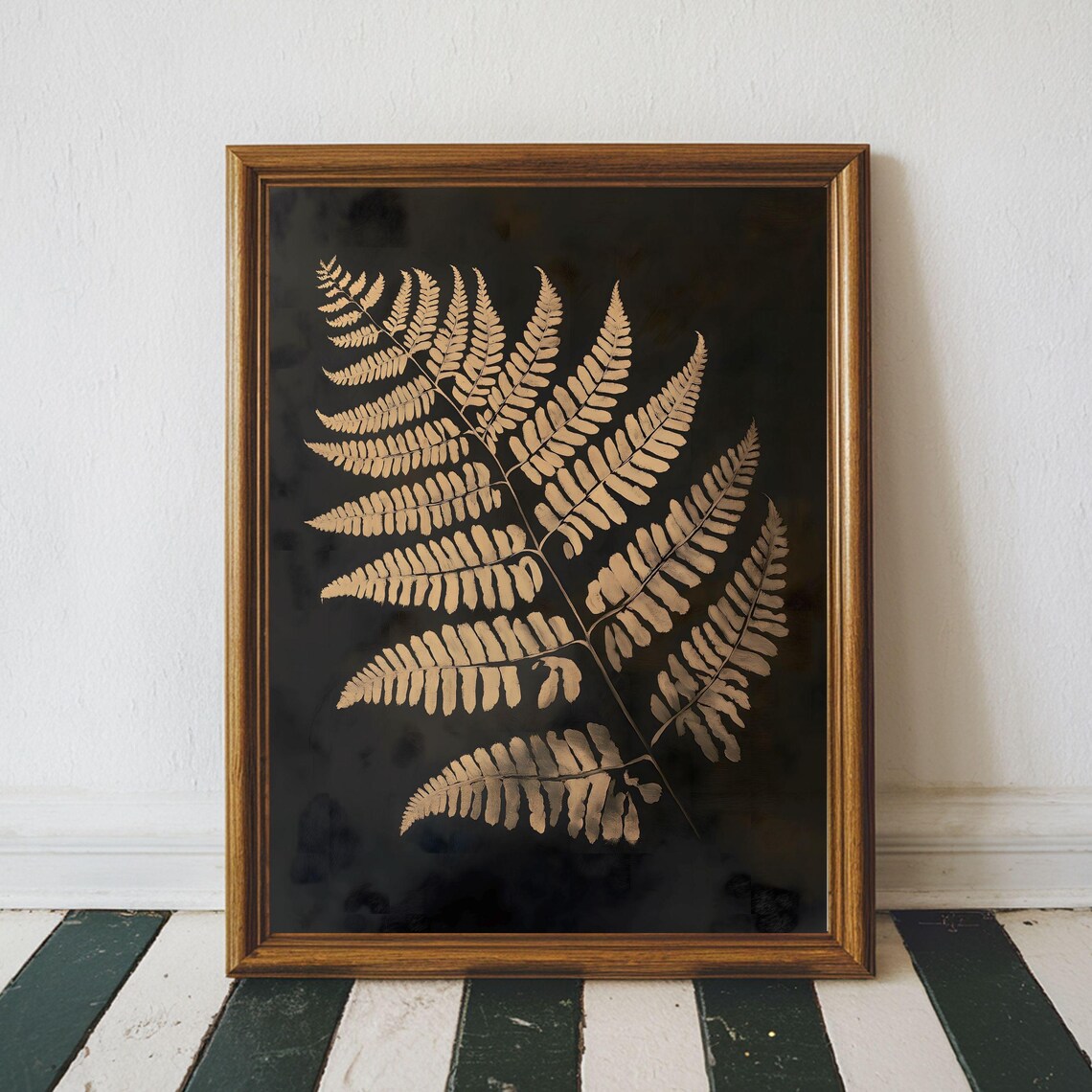 Beige Fern Silhouette Botanical on a Black Background Poster