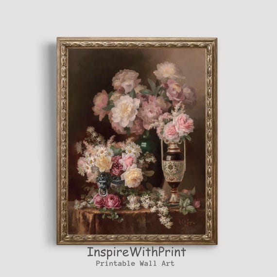 Vintage Rose Still Life Oil Painting Pink Roses Wall Art Flower Neutral Print Moody Floral Antique Decor