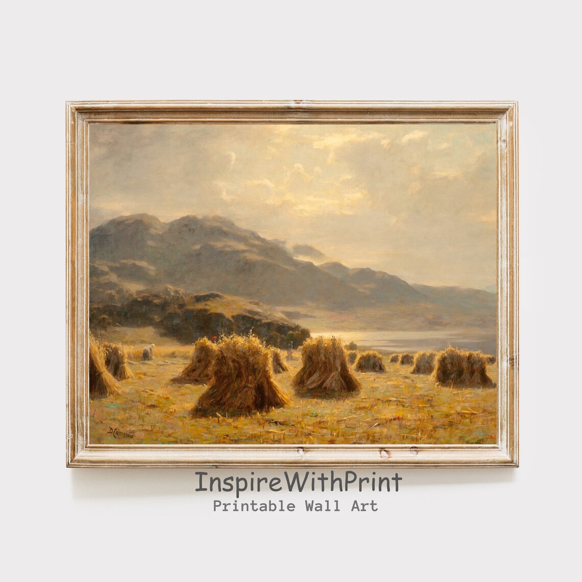 Vintage Harvest Haystacks Golden Wheat Field Sunset Farmhouse Print