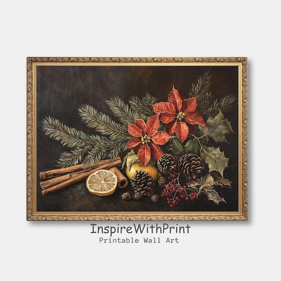Poinsettia Christmas Still Life Poster Red And White Moody Botanical Decor