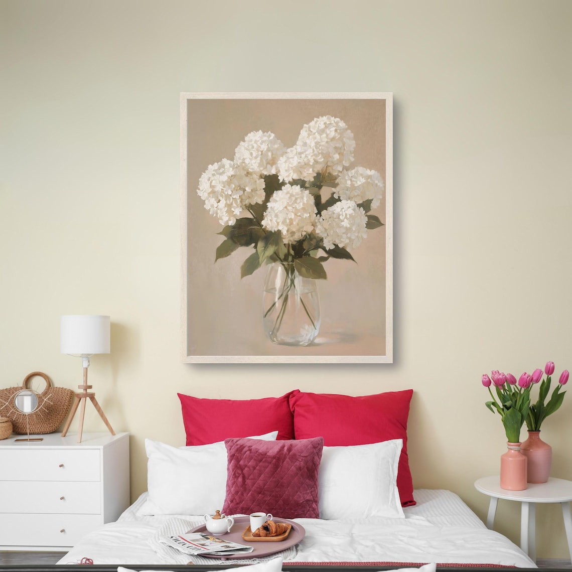 White Hydrangeas In Glass Vase Soft Neutral Floral Painting Poster