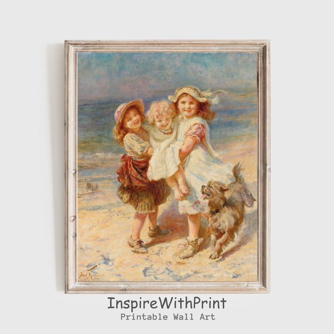 Vintage Children And Dog Playing At The Beach Painting Poster