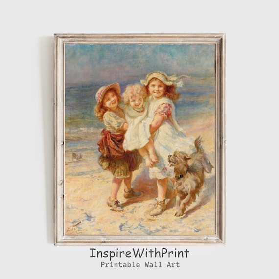 Vintage Children And Dog Playing At The Beach Painting Poster