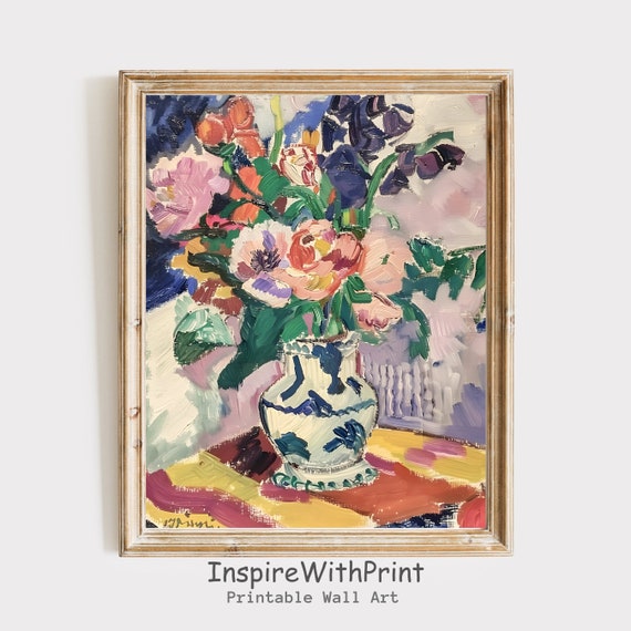 Abstract Flower Vase Painting Flowers Wall Art Matisse Inspired Artful Floral Still Life Pastel Print