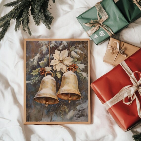 Golden Christmas Bells With White Poinsettia And Snowy Pine Holiday Poster