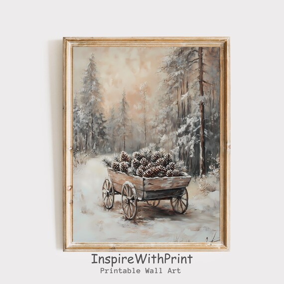 Vintage Wagon of Pinecones Snowy Forest Rustic Painting Poster