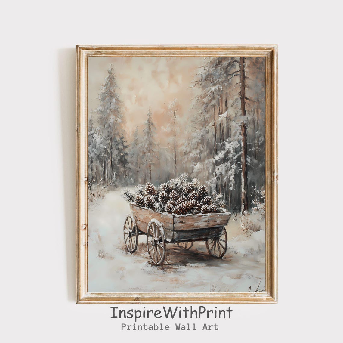 Vintage Wagon of Pinecones Snowy Forest Rustic Painting Poster