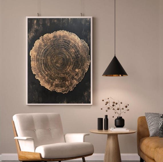 Tree Ring Print Wood Wall Art Minimalist Modern Neutral Boho Decor Farmhouse Woodcut Black And Gold