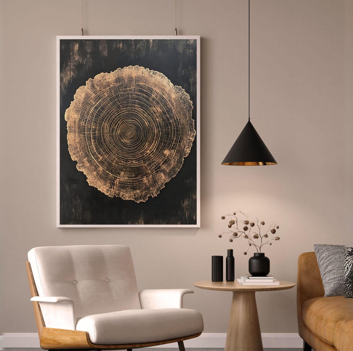 Golden Tree Rings On Black Background Minimalist Modern Wall Art