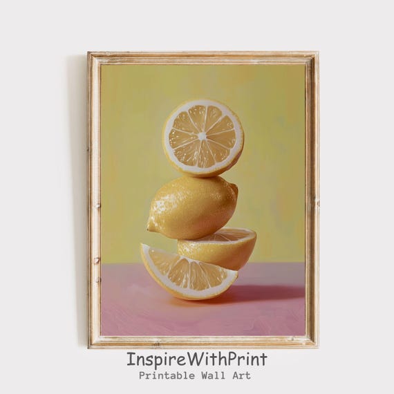Yellow Lemon Wall Art Vintage Style Fruit Poster Retro Kitchen Print Patel Colors Summer