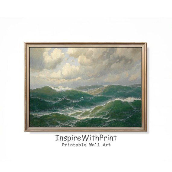 Rolling Green Ocean Waves Seascape Vintage Oil Painting Poster