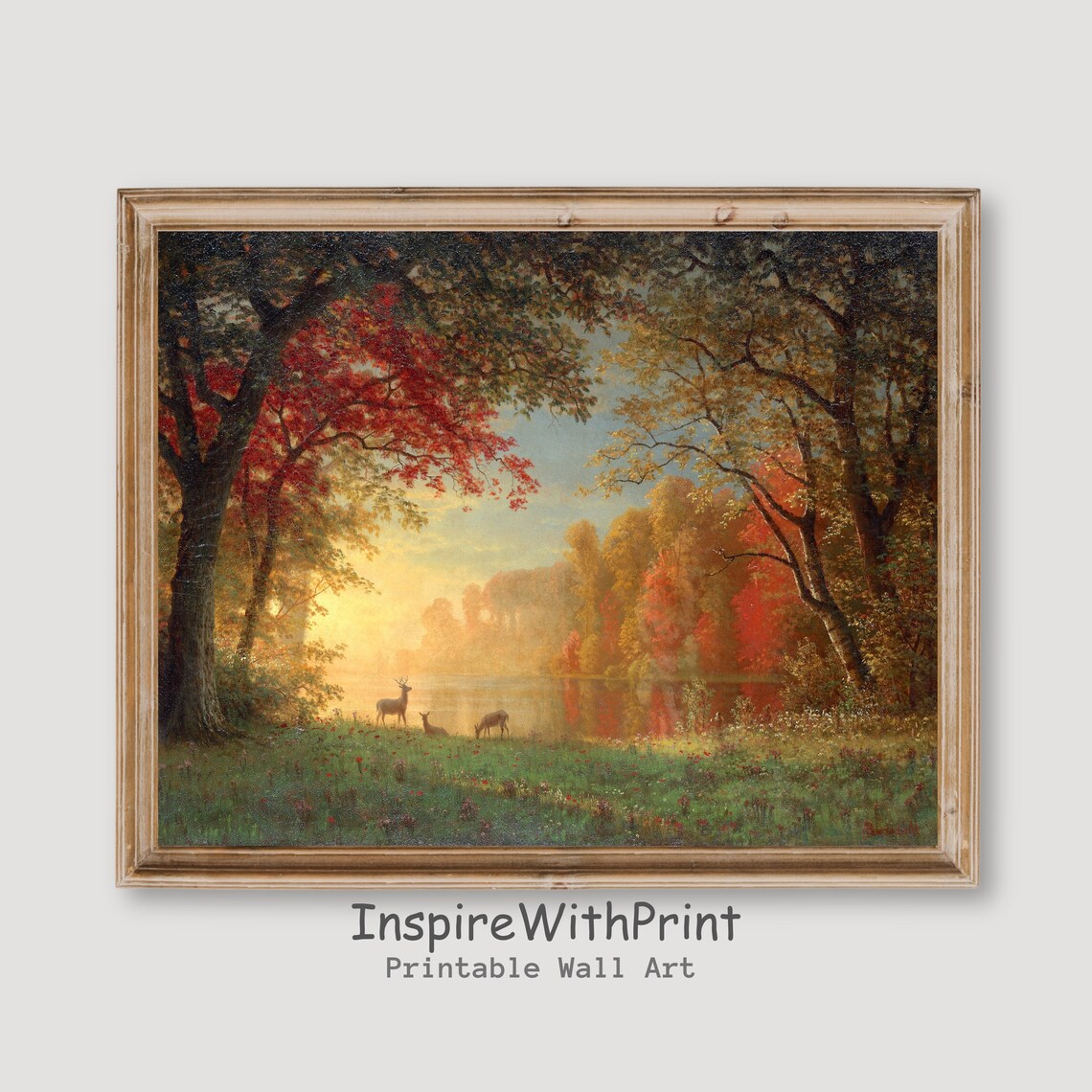 Deer in the Forest Vintage Autumn Lakeside Wall Art Painting