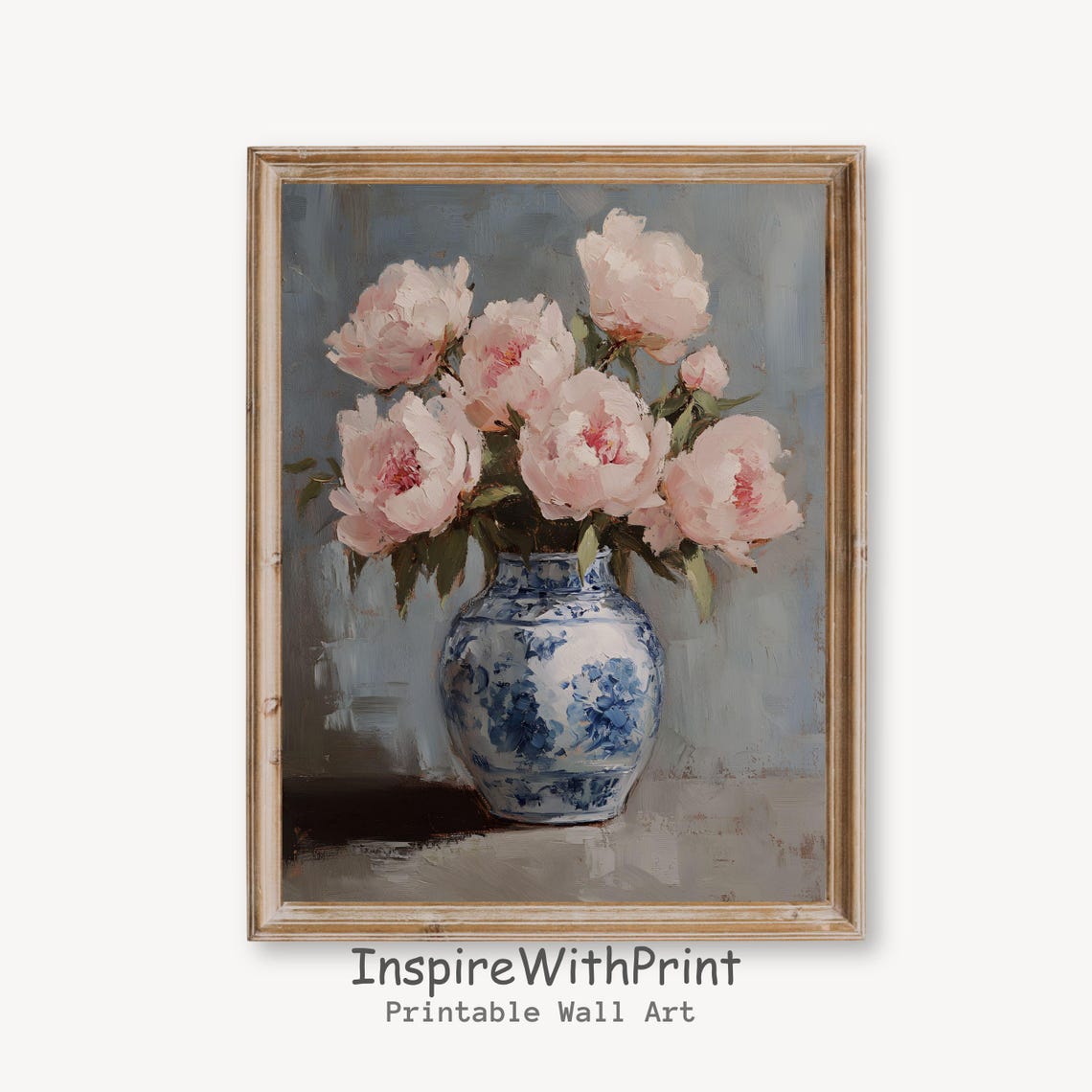 Pink Peonies in Blue and White Chinoiserie Vase Still Life Poster