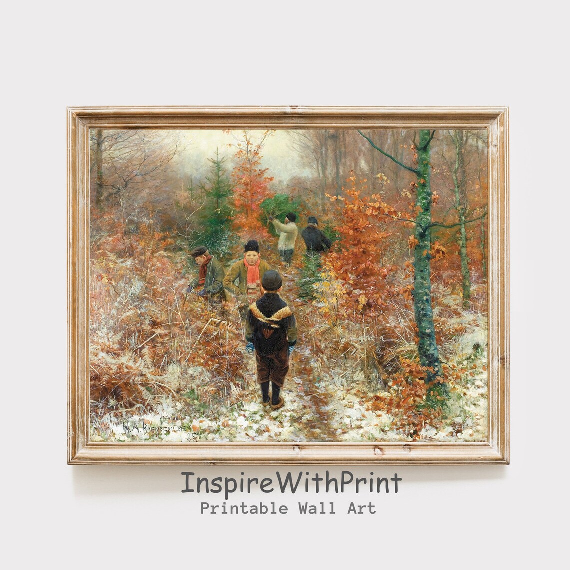 Children Gathering Evergreens in an Autumn Woods Vintage Painting Poster