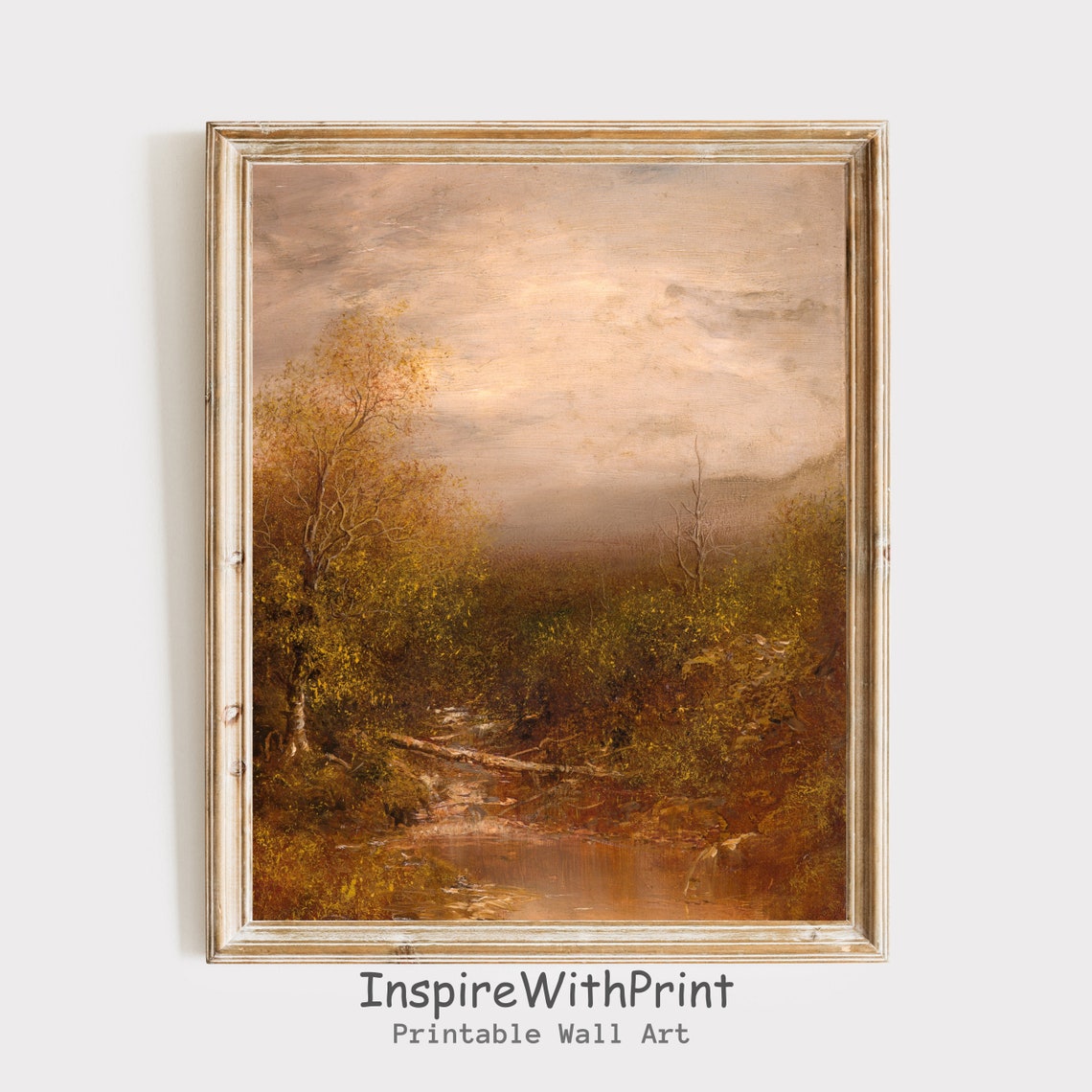 Moody Autumn Stream With Fallen Log Vintage Rustic Landscape Poster