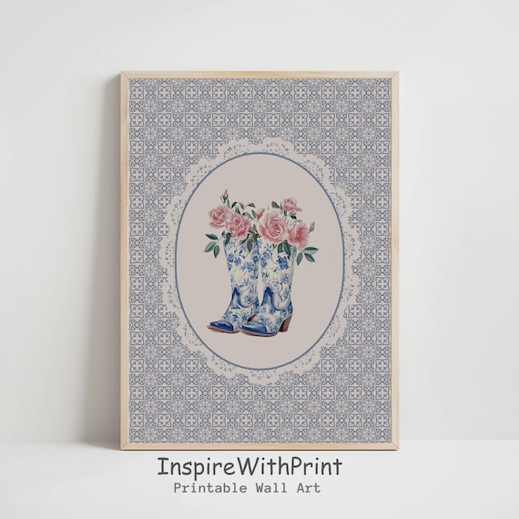 Blue Chinoiserie Cowboy Boots Pink Roses Cameo Lace Wall Art