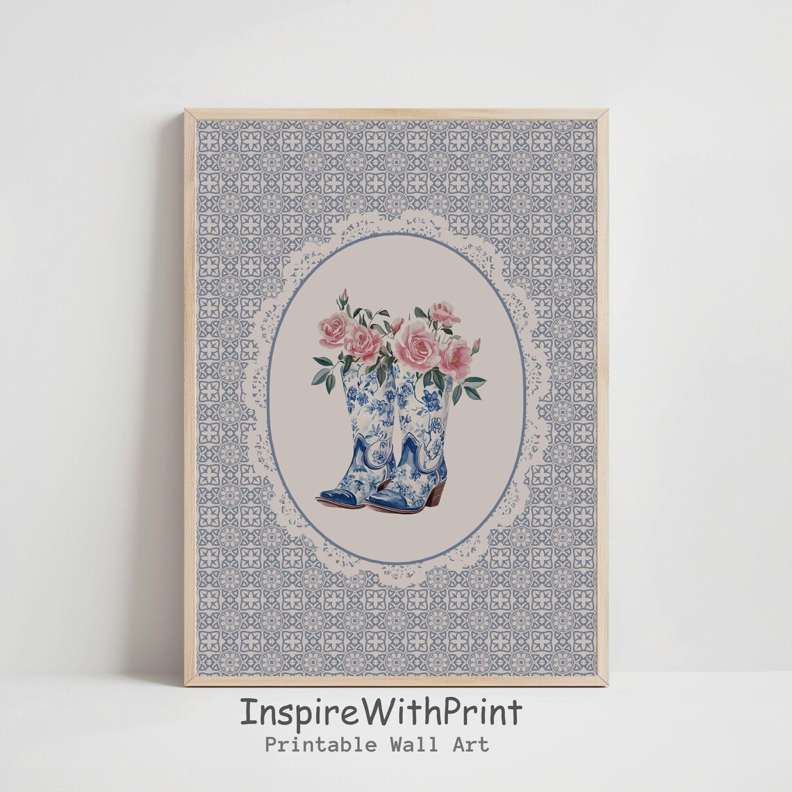 Blue Chinoiserie Cowboy Boots Pink Roses Cameo Lace Wall Art