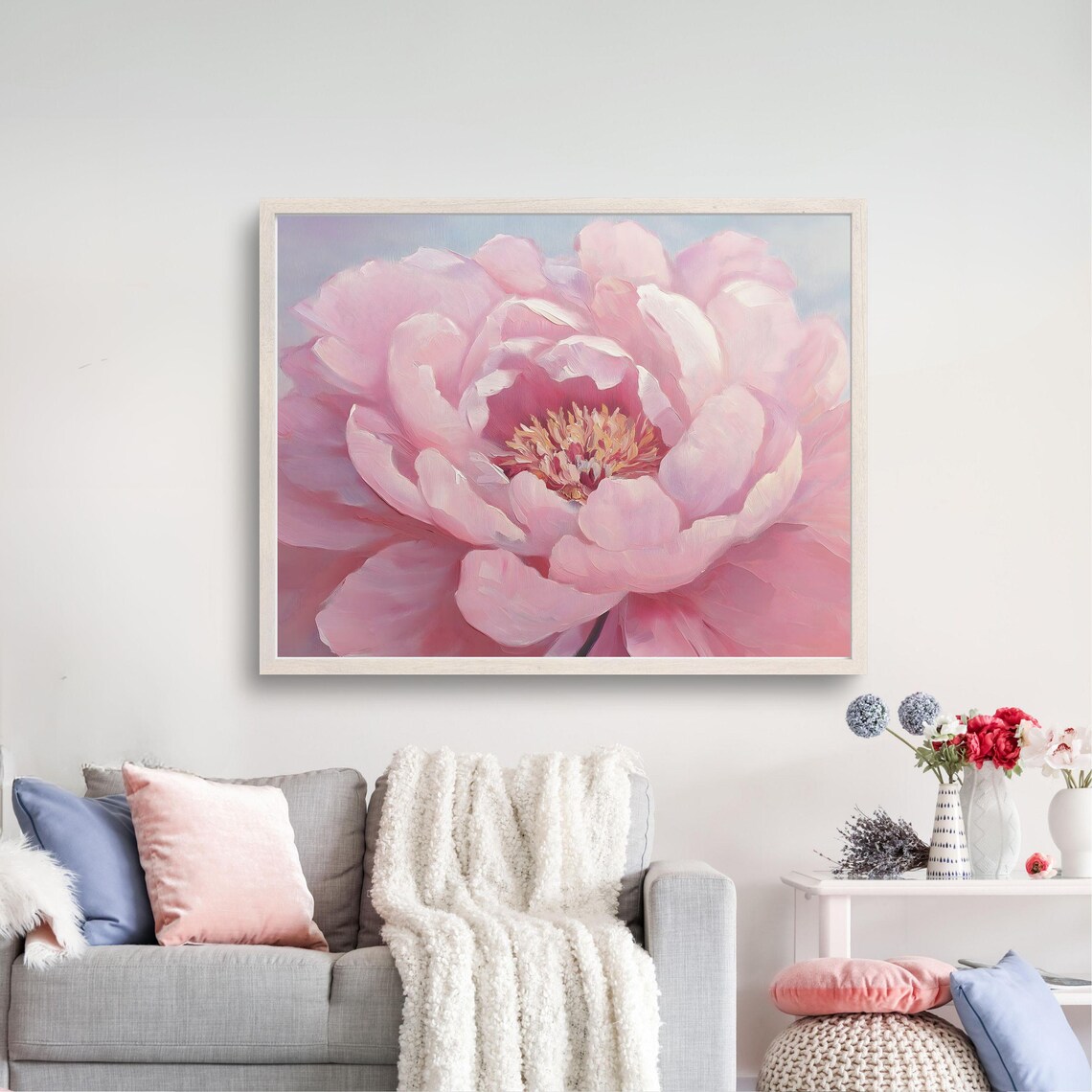 Blush Pink Peony Oil Painting Close Up Floral Cottagecore Art Poster