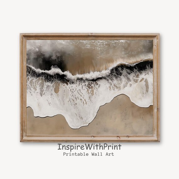 Wide Sepia Ocean Wave Break Sandy Shore Moody Coastal Wall Art