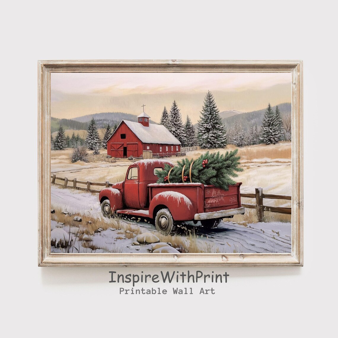Red Vintage Truck Hauling Christmas Tree Past Snowy Barn Poster