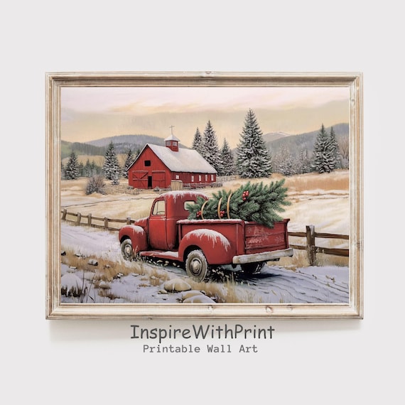 Red Vintage Truck Hauling Christmas Tree Past Snowy Barn Poster