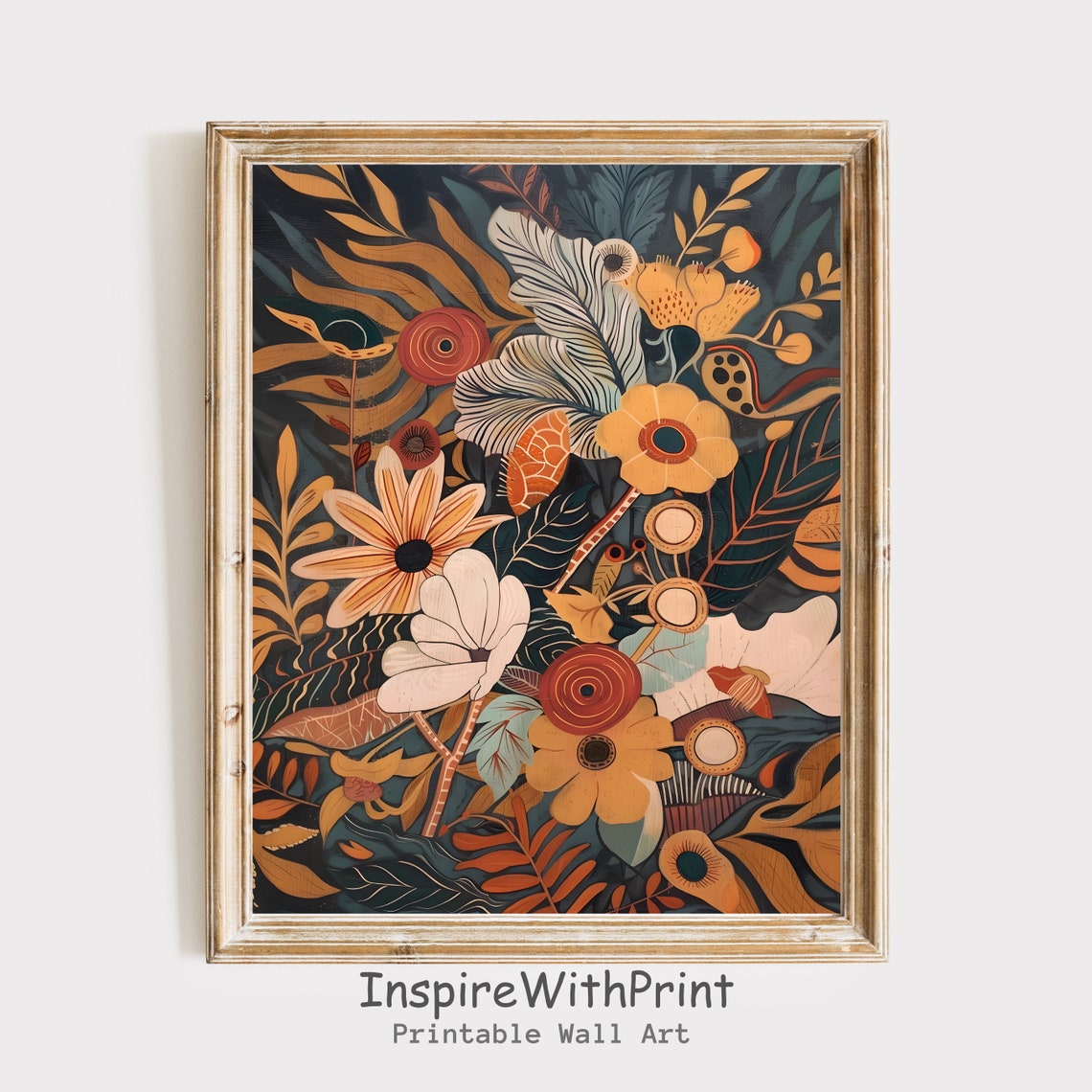 Stylized Midcentury Modern Boho Flowers On Dark Botanical Poster