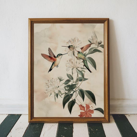 Vintage Hummingbird Print Moody Bird Lover Gift Wall Art Nature Neutral Decor