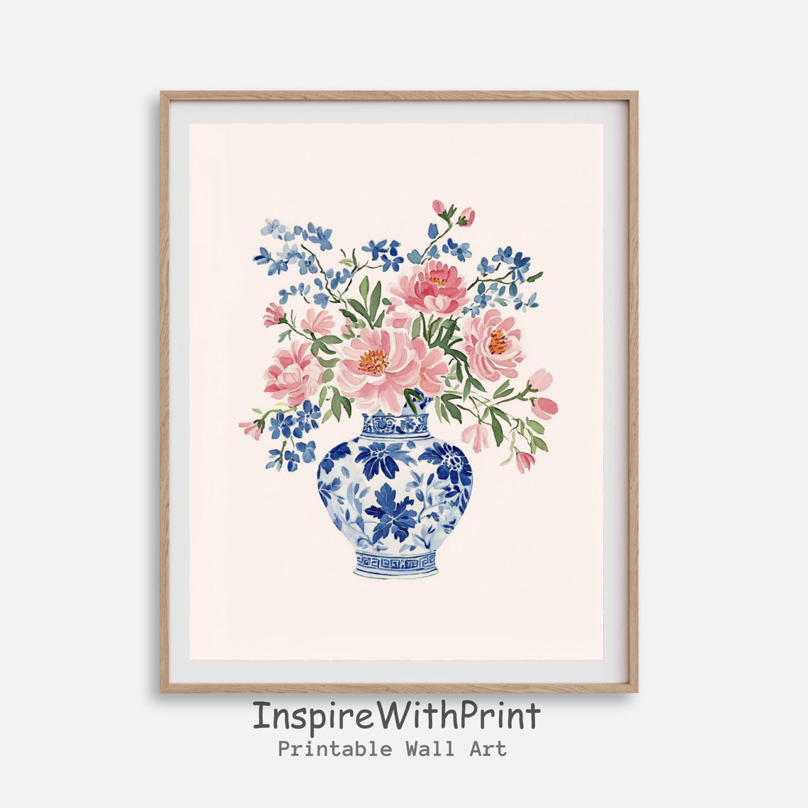 Pink Peonies in Blue Chinoiserie Vase Watercolor Floral Poster