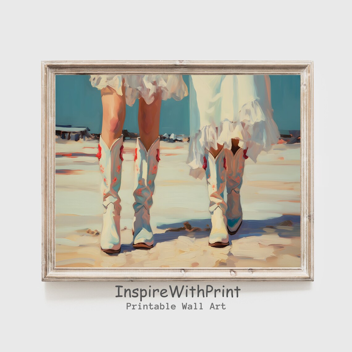 Coastal Cowgirl White Boots On Beach Sundress Summer Art Poster