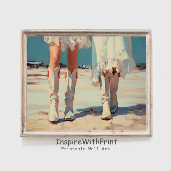 Coastal Cowgirl White Boots On Beach Sundress Summer Art Poster