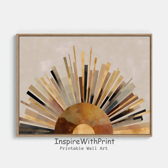 Boho Sun Print Horizontal Art Abstract Sunrise Midcentury Modern Gold Color Poster Moody Wall