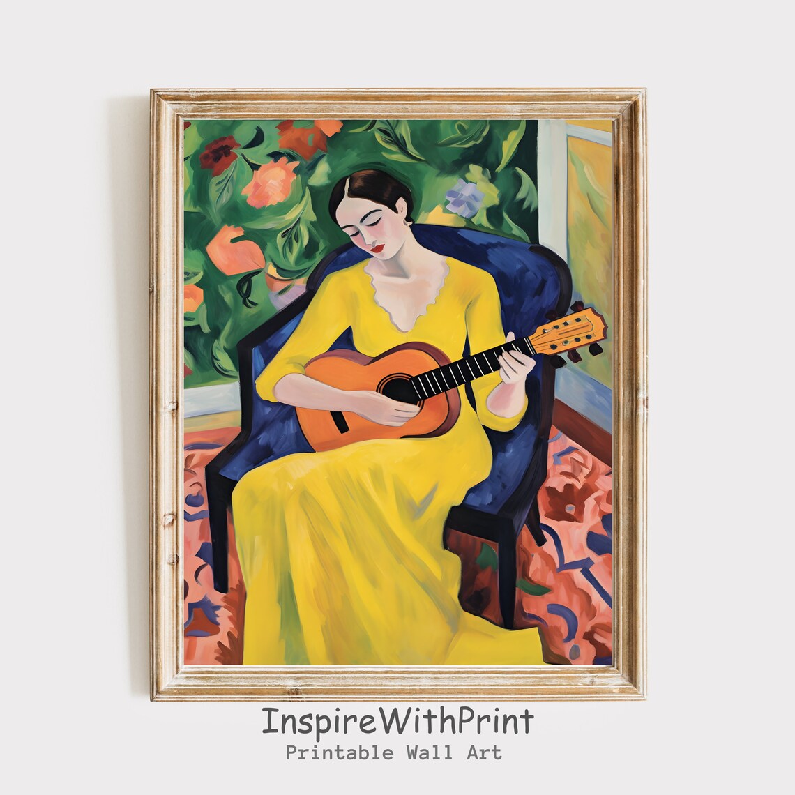 Woman in Yellow Dress Playing Guitar Matisse Style Music Poster
