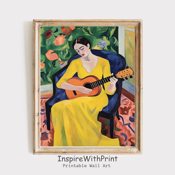 Woman in Yellow Dress Playing Guitar Matisse Style Music Poster