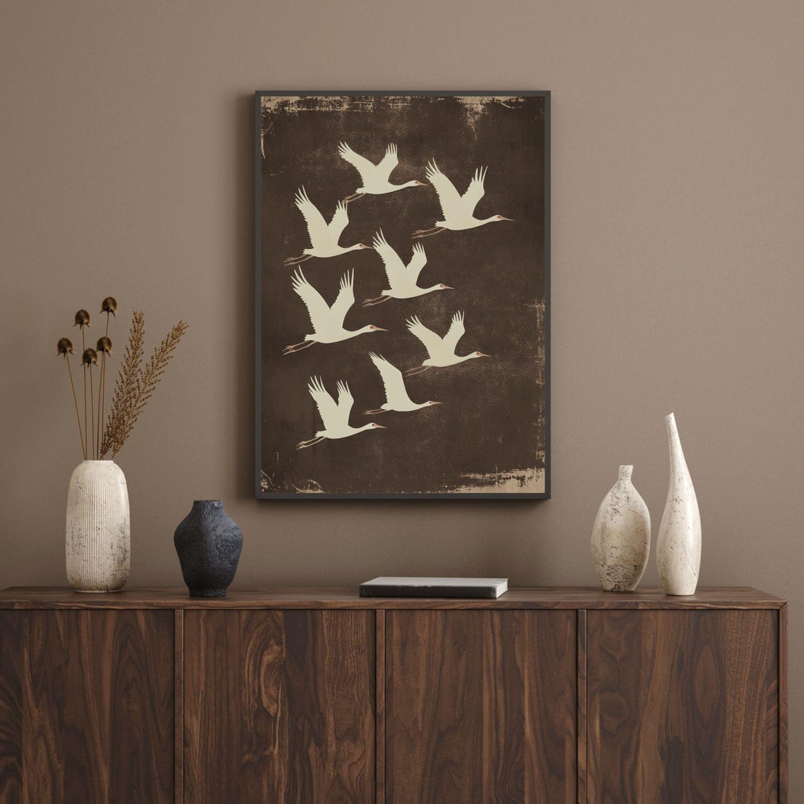 Flying White Cranes Flock on Dark Brown Japandi Style Art Poster