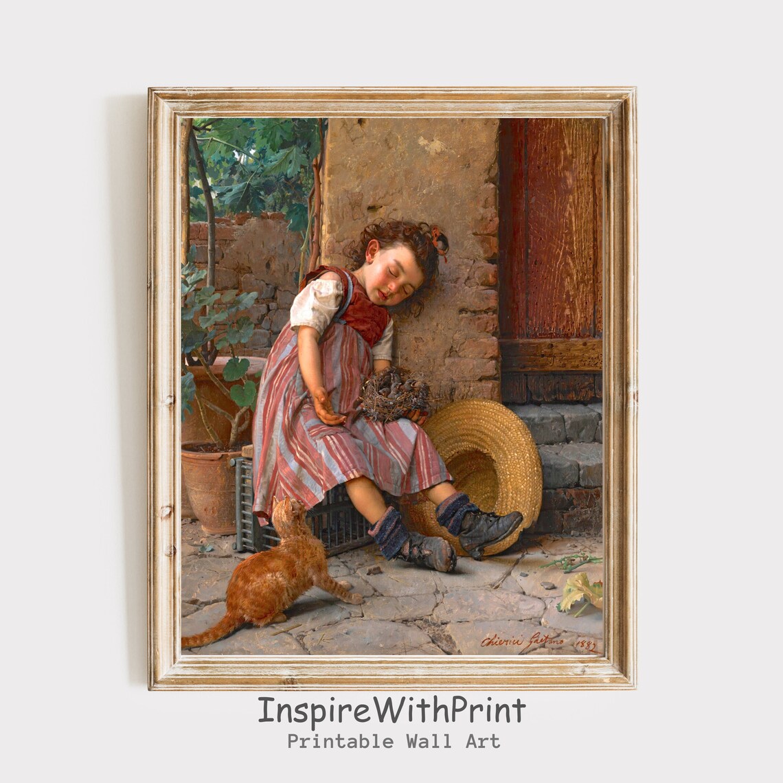 Vintage Girl Napping with Orange Cat Doorstep 1893 Painting Poster