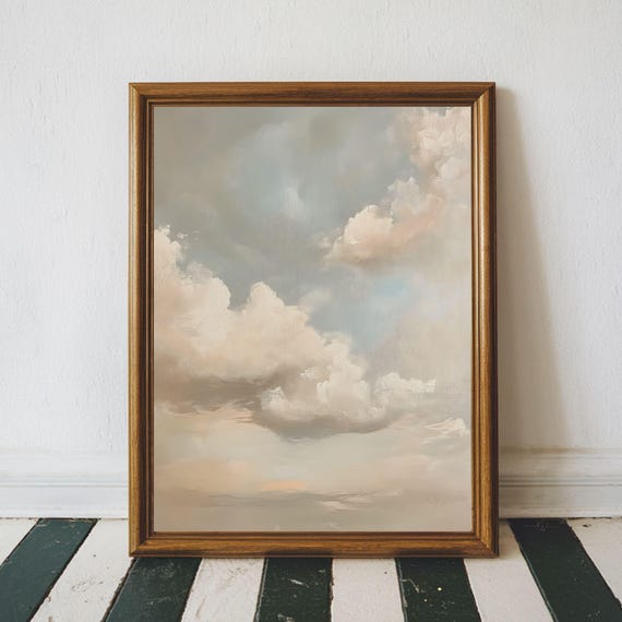 Moody Cloud Wall Art Vintage Oil Painting Cloudy Sky Print Decor Muted Neutral Color