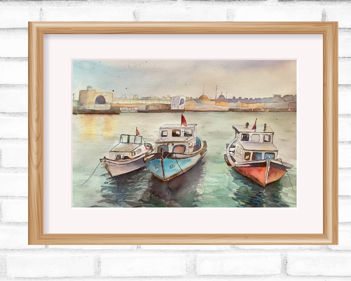 Istanbul Harbor Watercolor Three Boats on Calm Water Travel Poster - Image 3