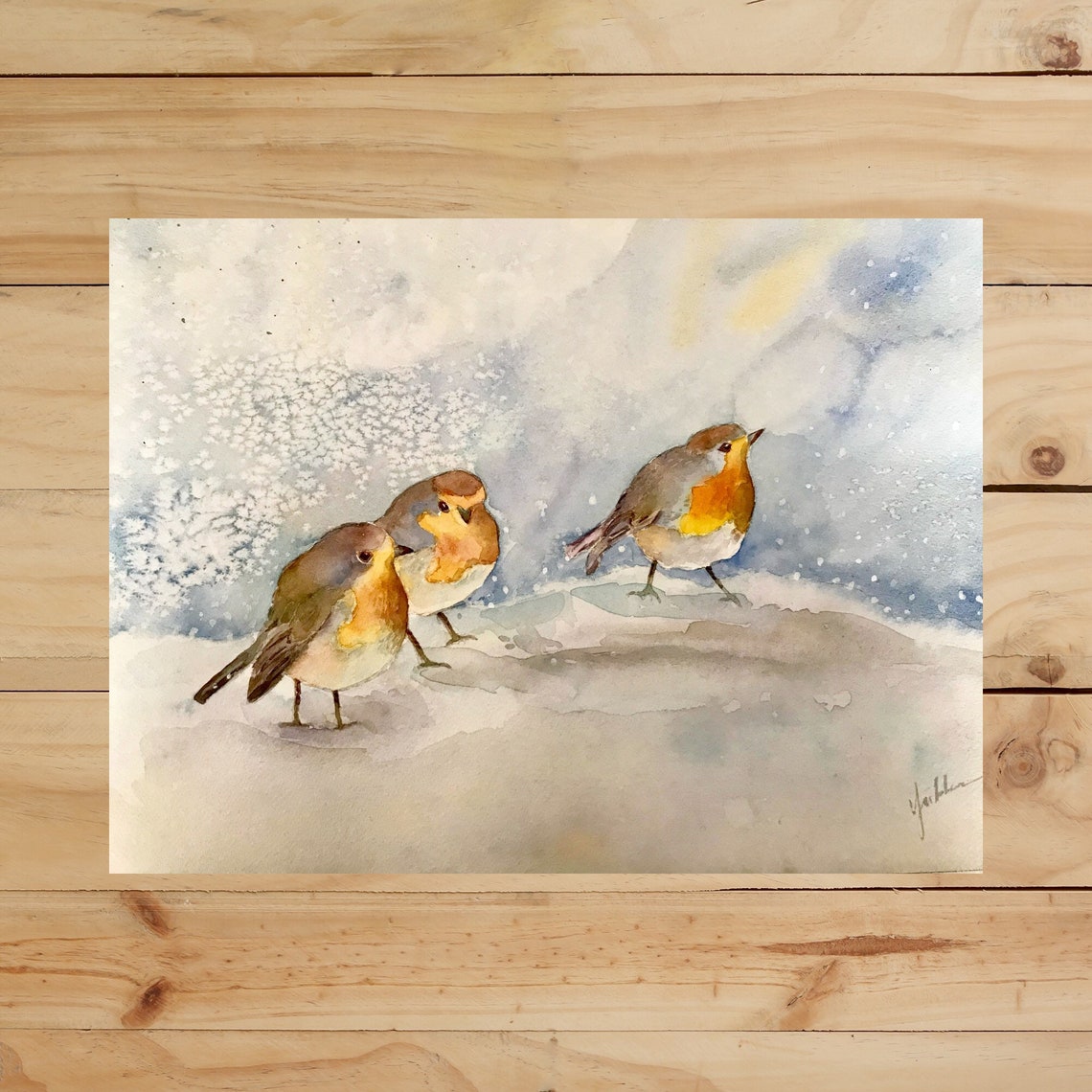 Three European Robins in Falling Snow Watercolor Winter Poster