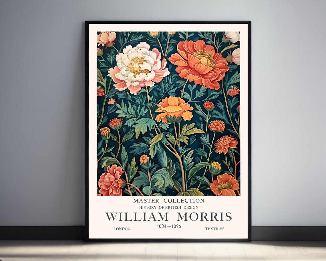 William Morris Coral And Blush Peonies On Dark Teal Floral Poster