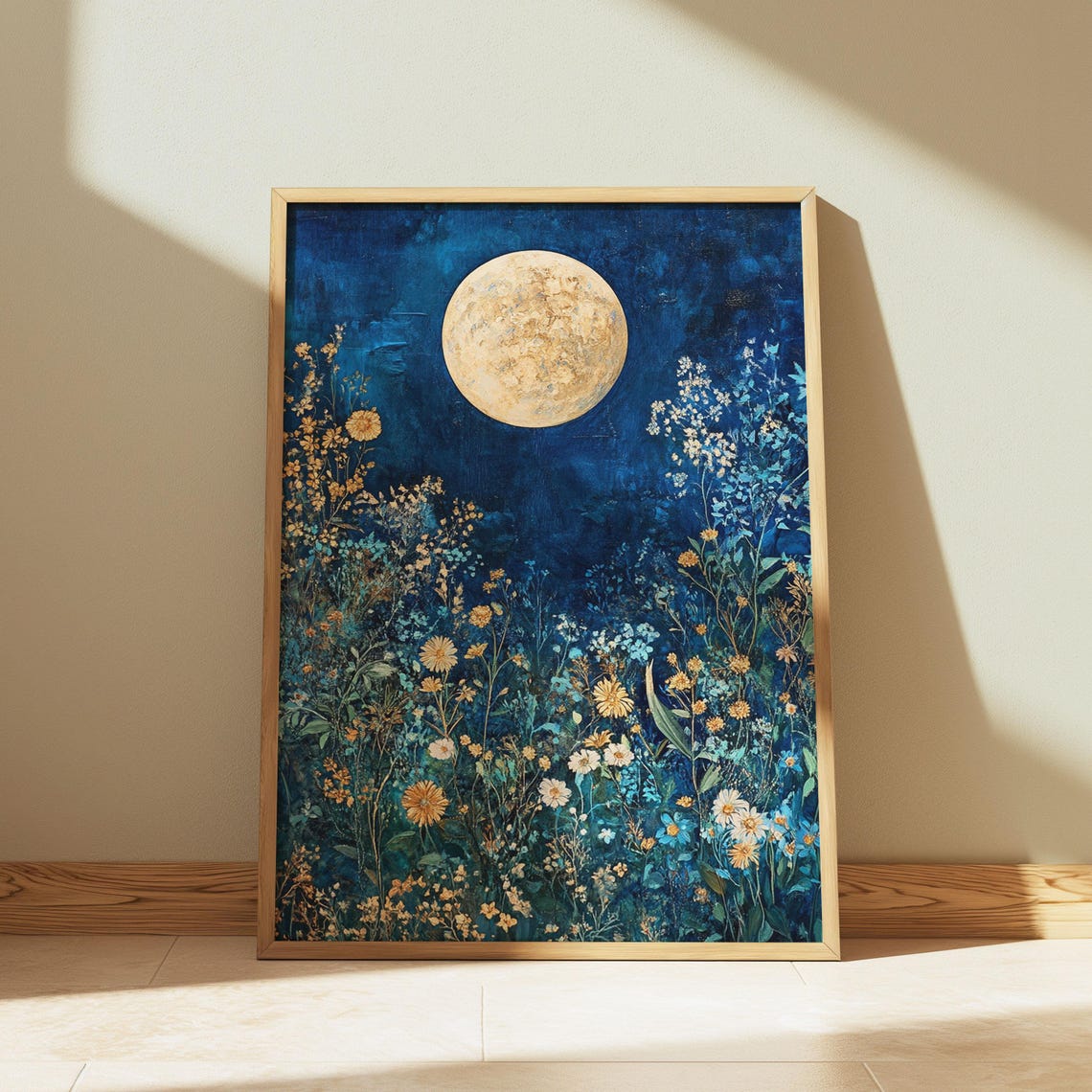 Golden Full Moon Rising Over Night Wildflower Meadow Art Poster