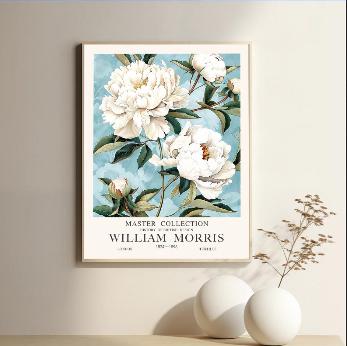 William Morris Lush White Peonies On Soft Sky Blue Floral Poster
