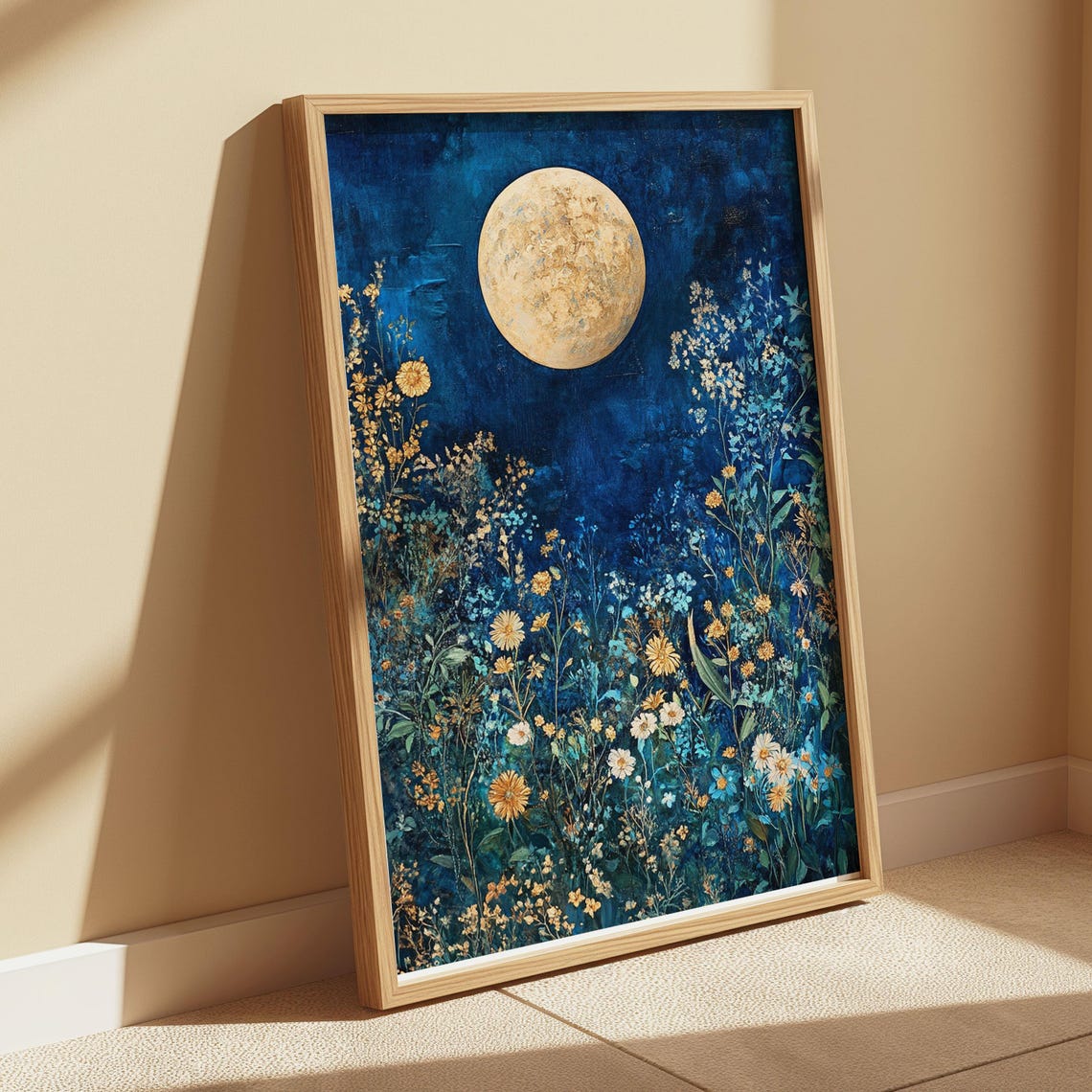 Golden Full Moon Rising Over Night Wildflower Meadow Art Poster - Image 2