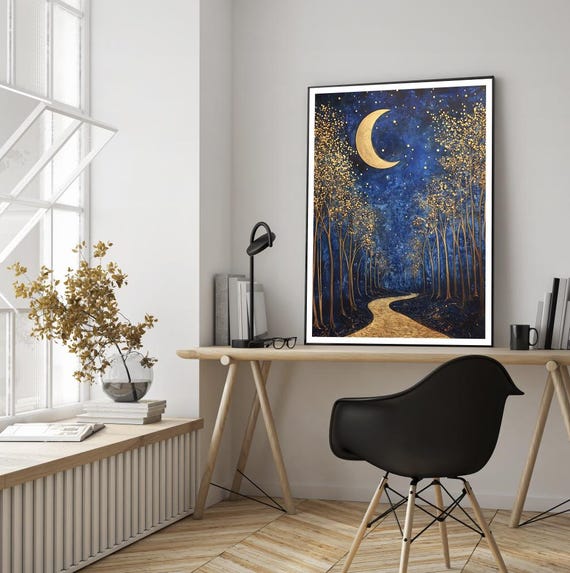 Golden Night Sky Stars Print Vintage Golden Dcor Crescent Moon Sun Moon Lover Gift Celestial Wall Art Gothic Dark Cottage Core Print