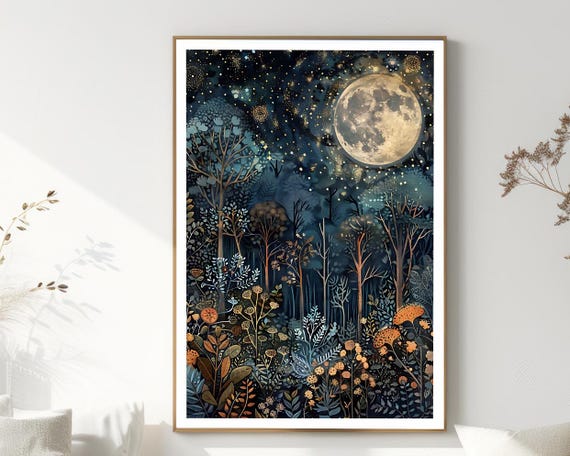 Celestial Wall Art Starry Night And Full Moon Print Golden Full Moon Night Sky Print Vintage Moon Mystical Night Forest Wall Art