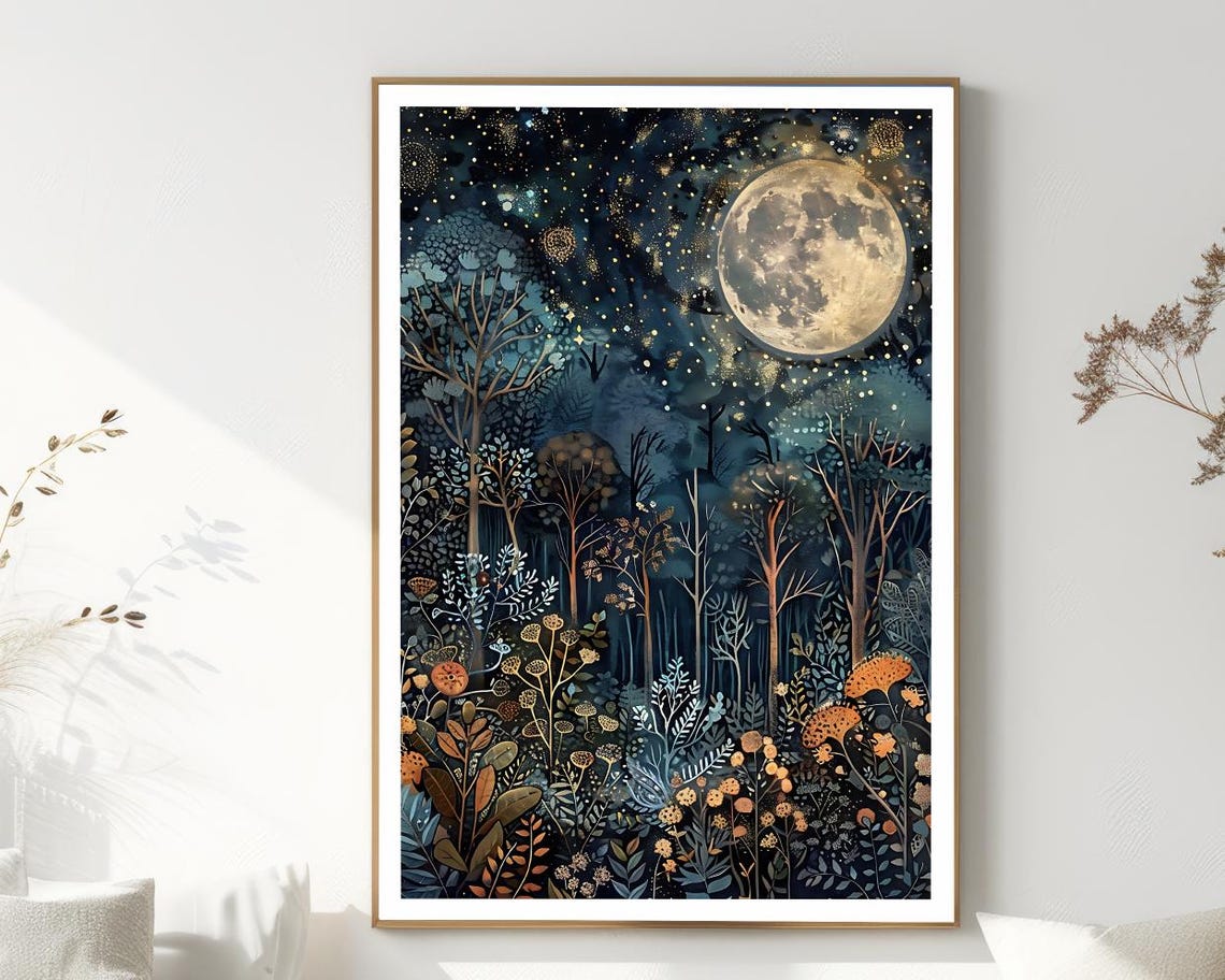 Golden Full Moon Over Enchanted Starry Forest Wildflower Poster