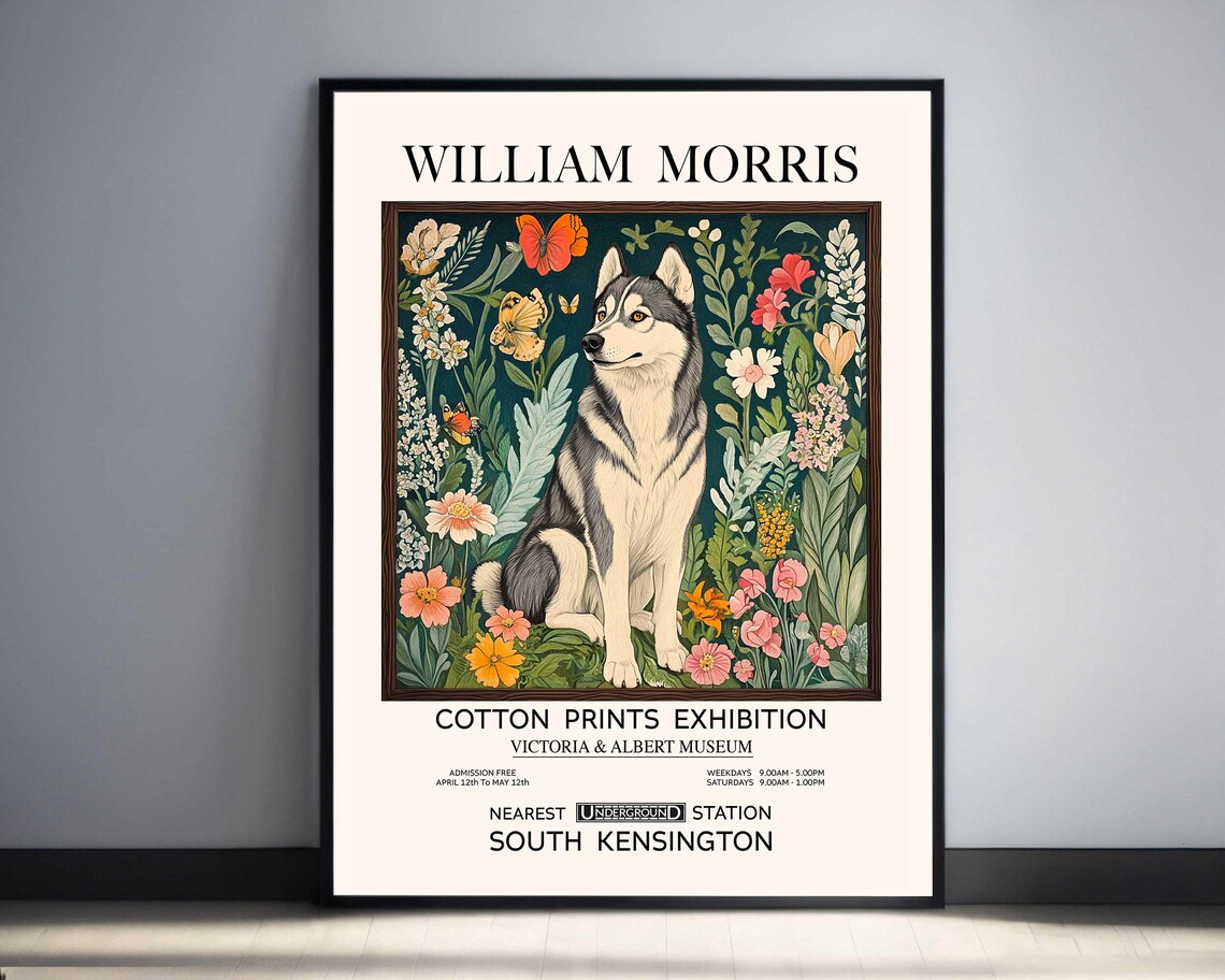 William Morris Husky Dog Botanical Exhibition Vintage Art Poster