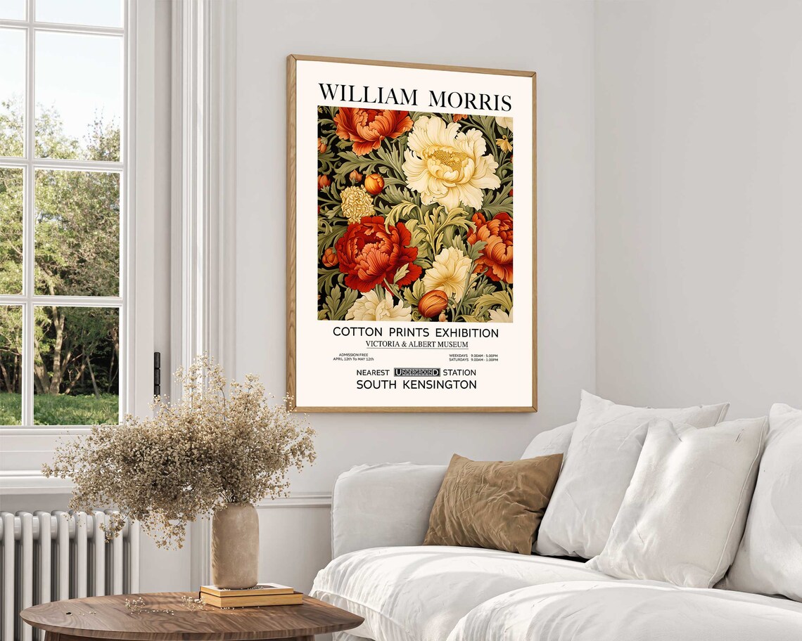 William Morris Red and Cream Peonies Floral Museum Exhibition Poster