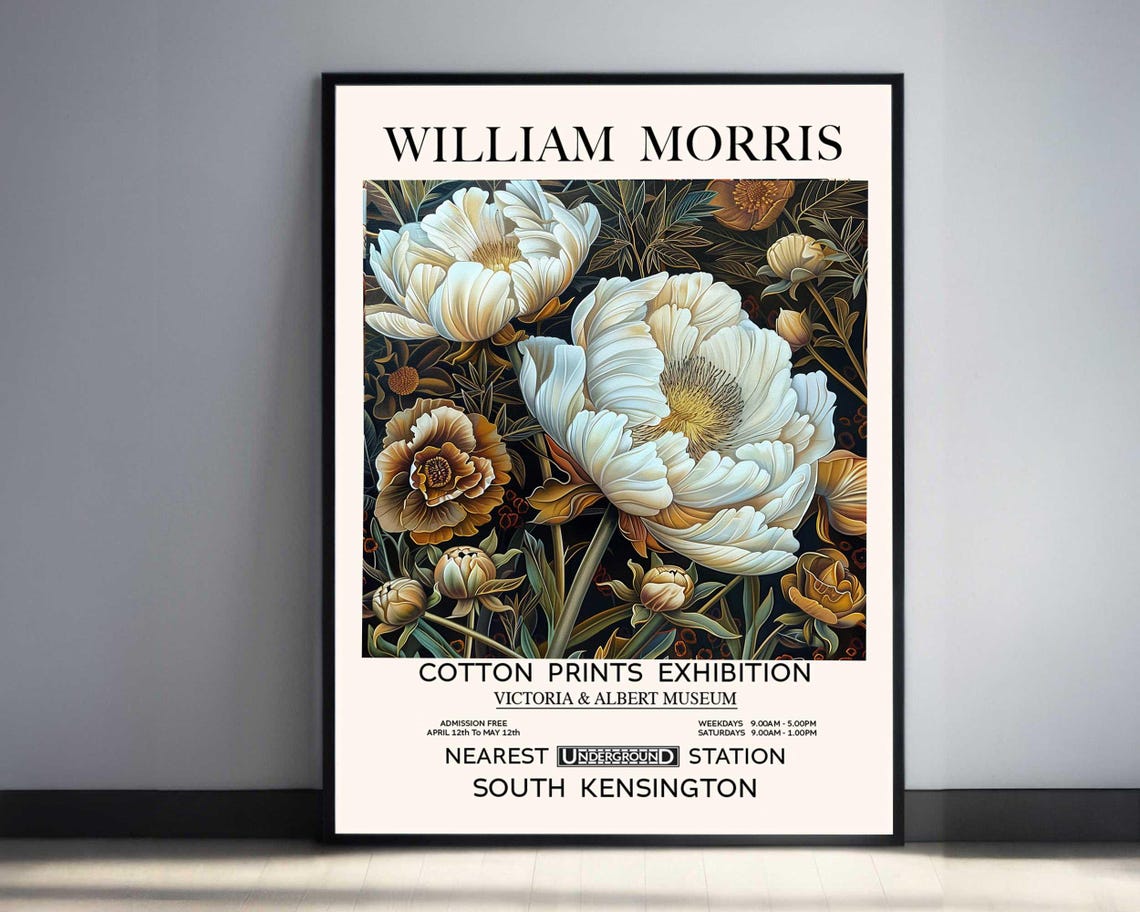 William Morris White Peony and Bronze Floral Museum Exhibition Poster