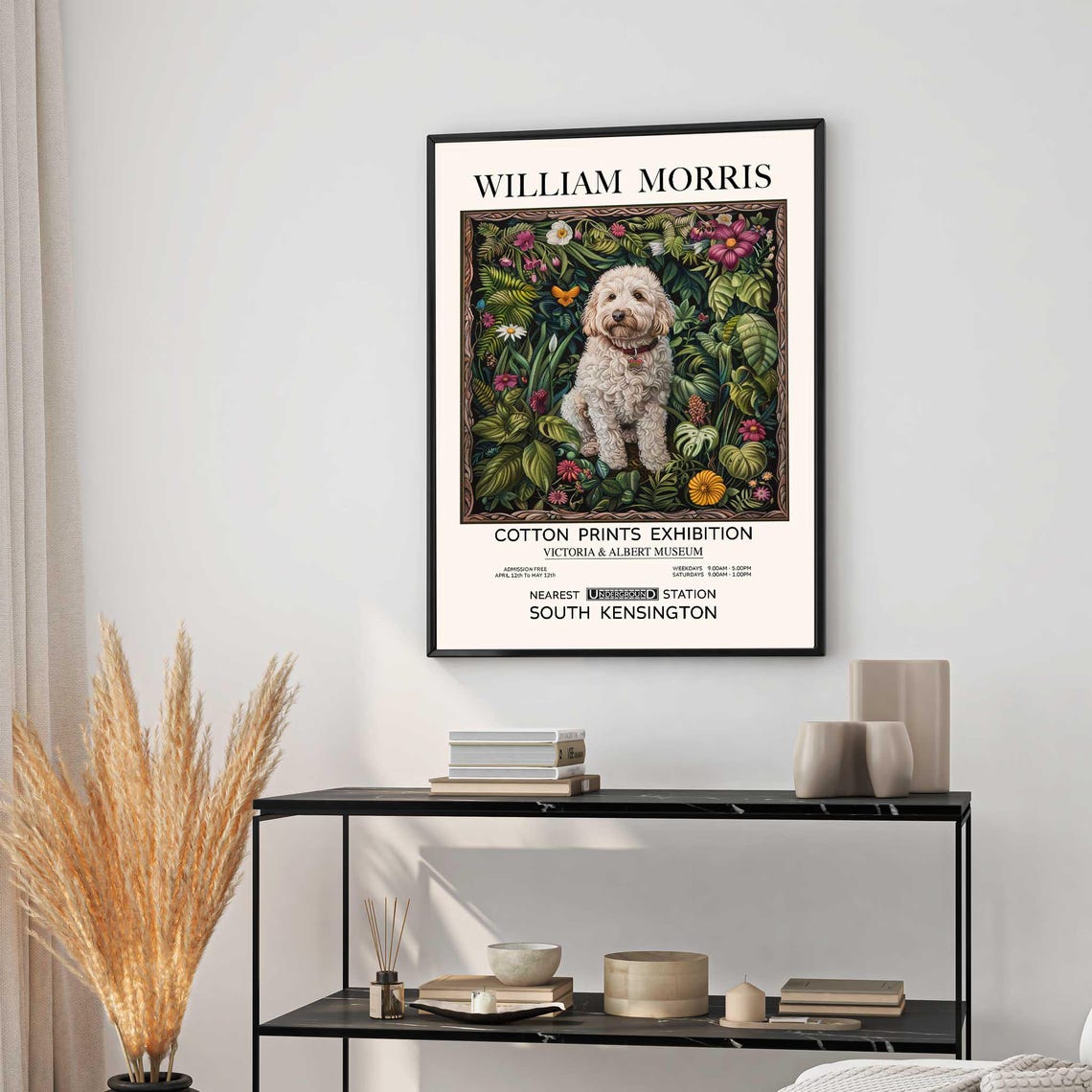 William Morris White Labradoodle Dark Floral Exhibition Poster - Image 2